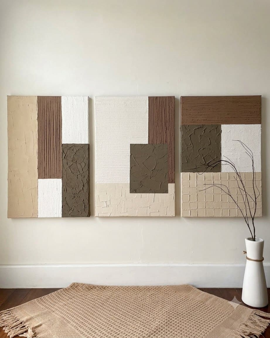 Earthy Harmonies: three abstract panels of brown, taupe, beige and white textured blocks hung side by side