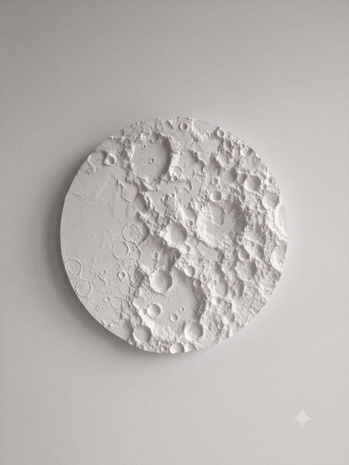The Moonie: round white relief of the moon's craters, front view