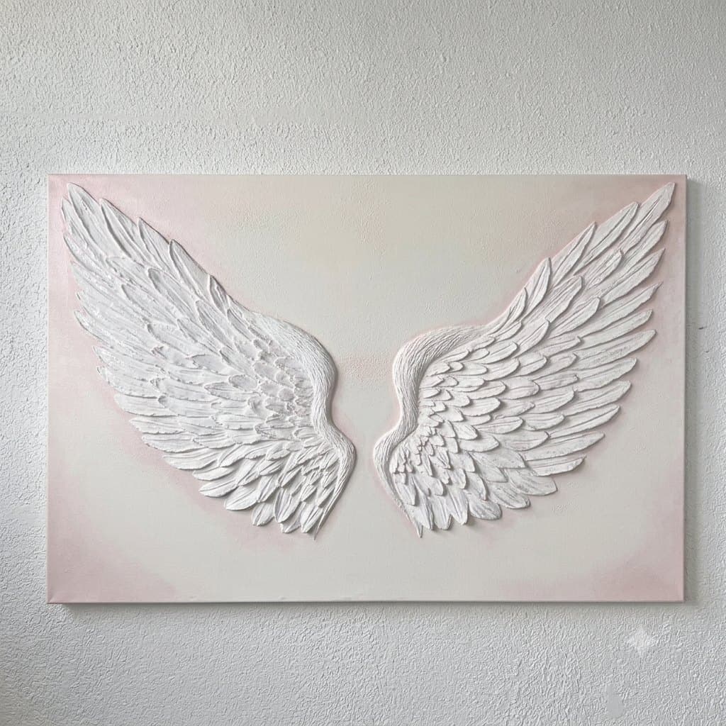 Ethereal Wings: a pair of white sculpted feathered wings on a pale blush canvas, front view
