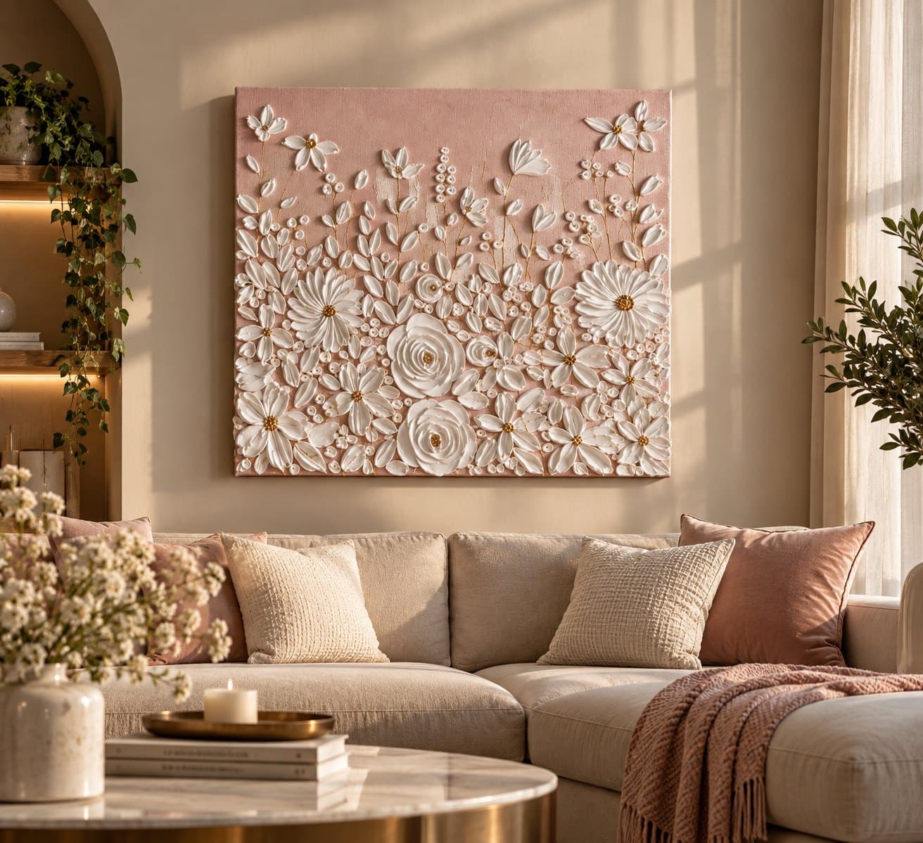Room visualisation: Blush Bloom above a cream sofa with blush cushions in a sunlit living room