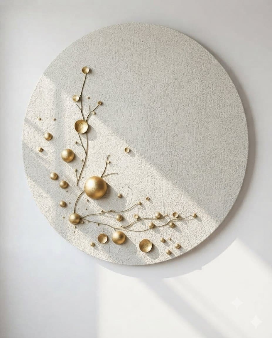 The Golden Empress: round white textured panel with raised gold branches and spheres, front view