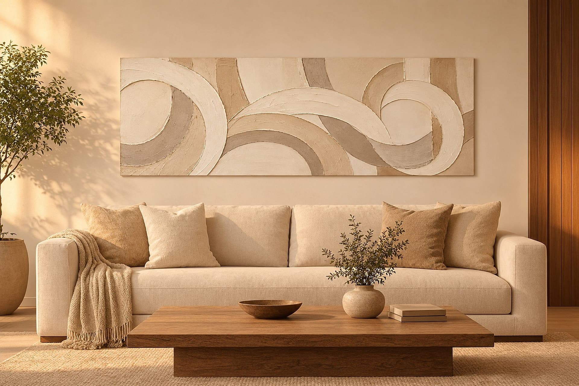 Room visualisation: concept render of Arc Assembly in a living room above a long sofa