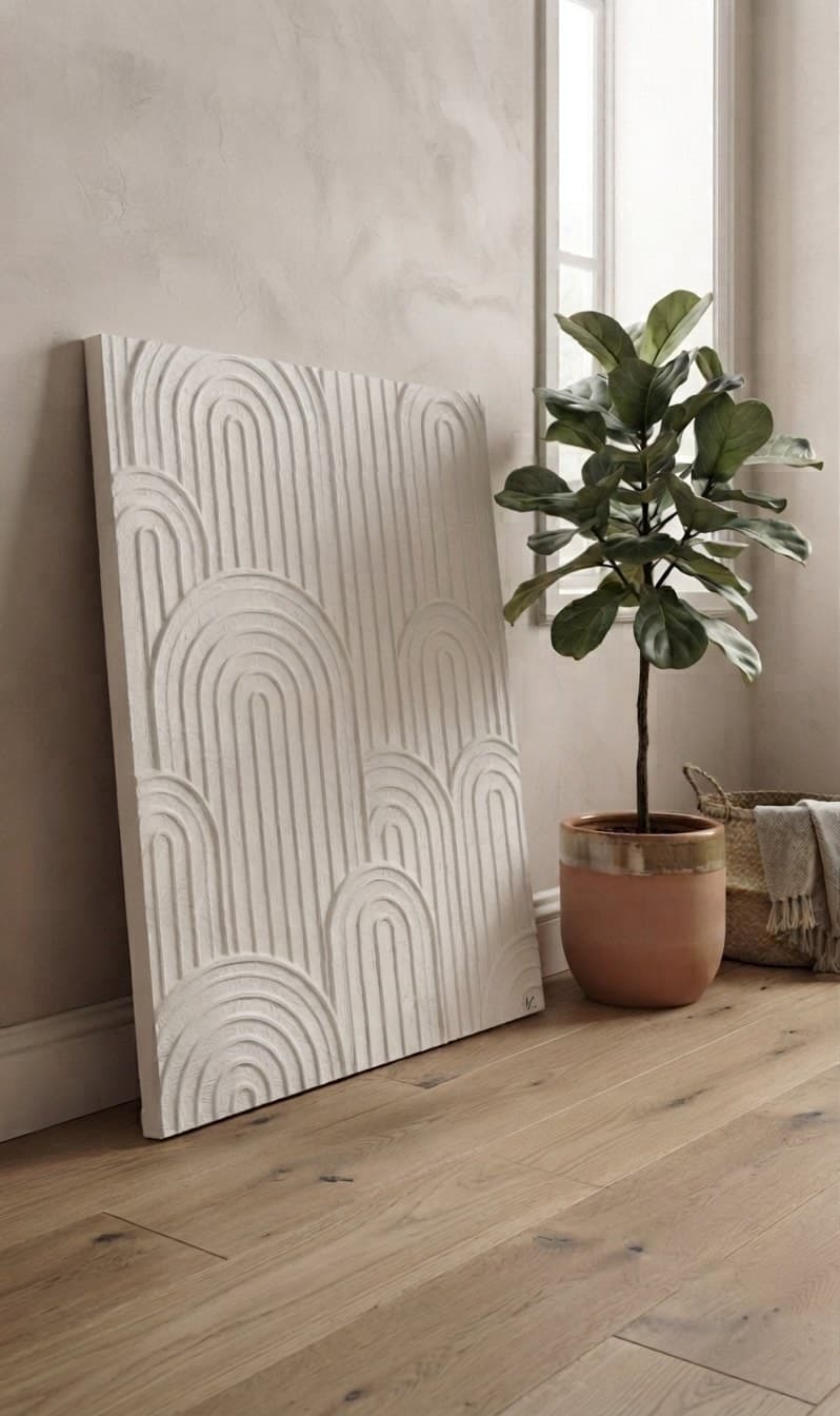 Room visualisation: Arch Texture Art leaning against a wall beside a potted plant