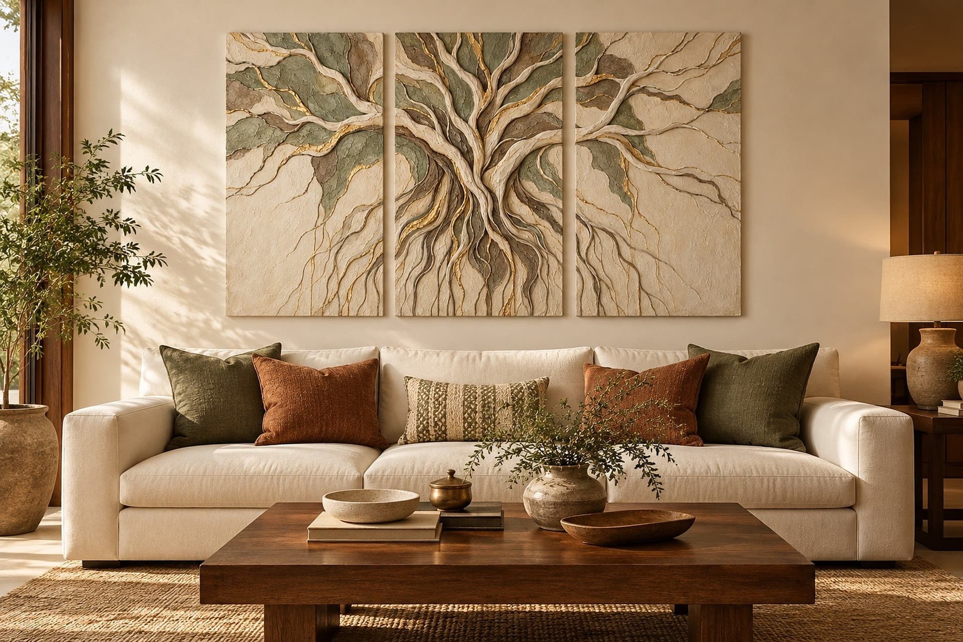 Room visualisation: concept render of Banyan Canopy in a living room above a wide sofa