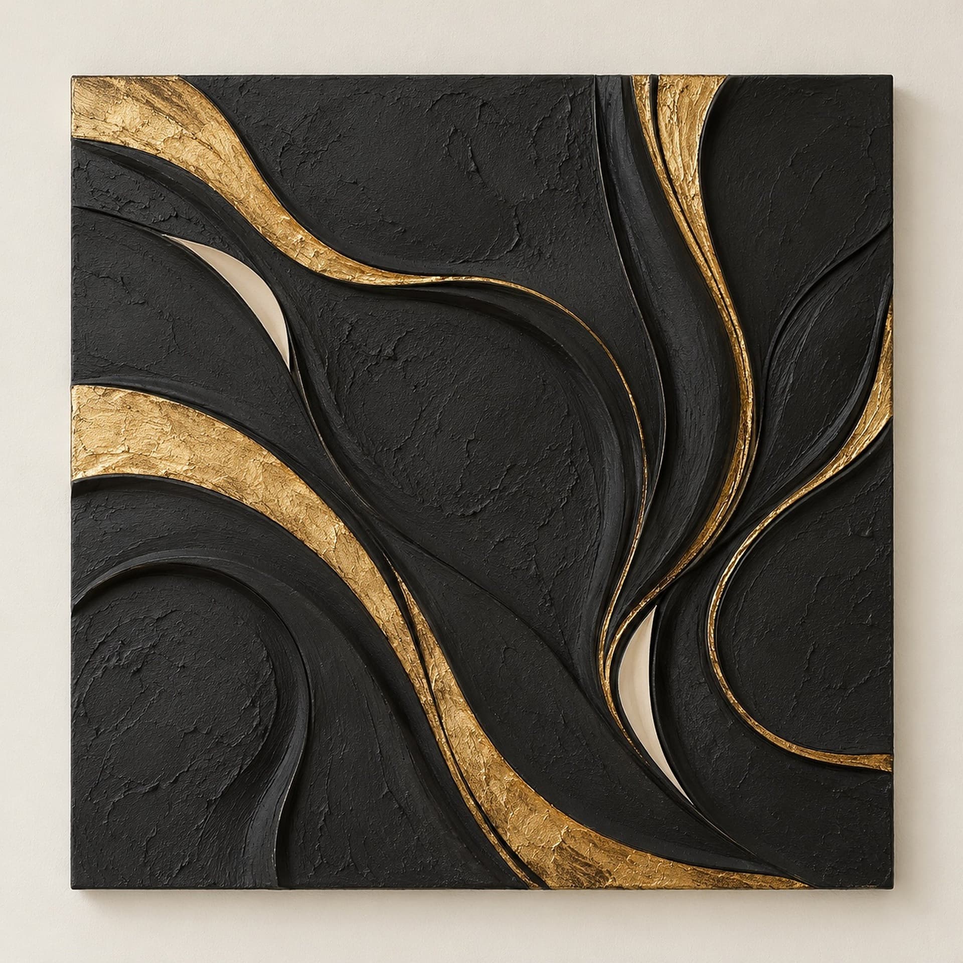Concept render: Blackwater Gold from the front, black and gold sculptural relief wall art
