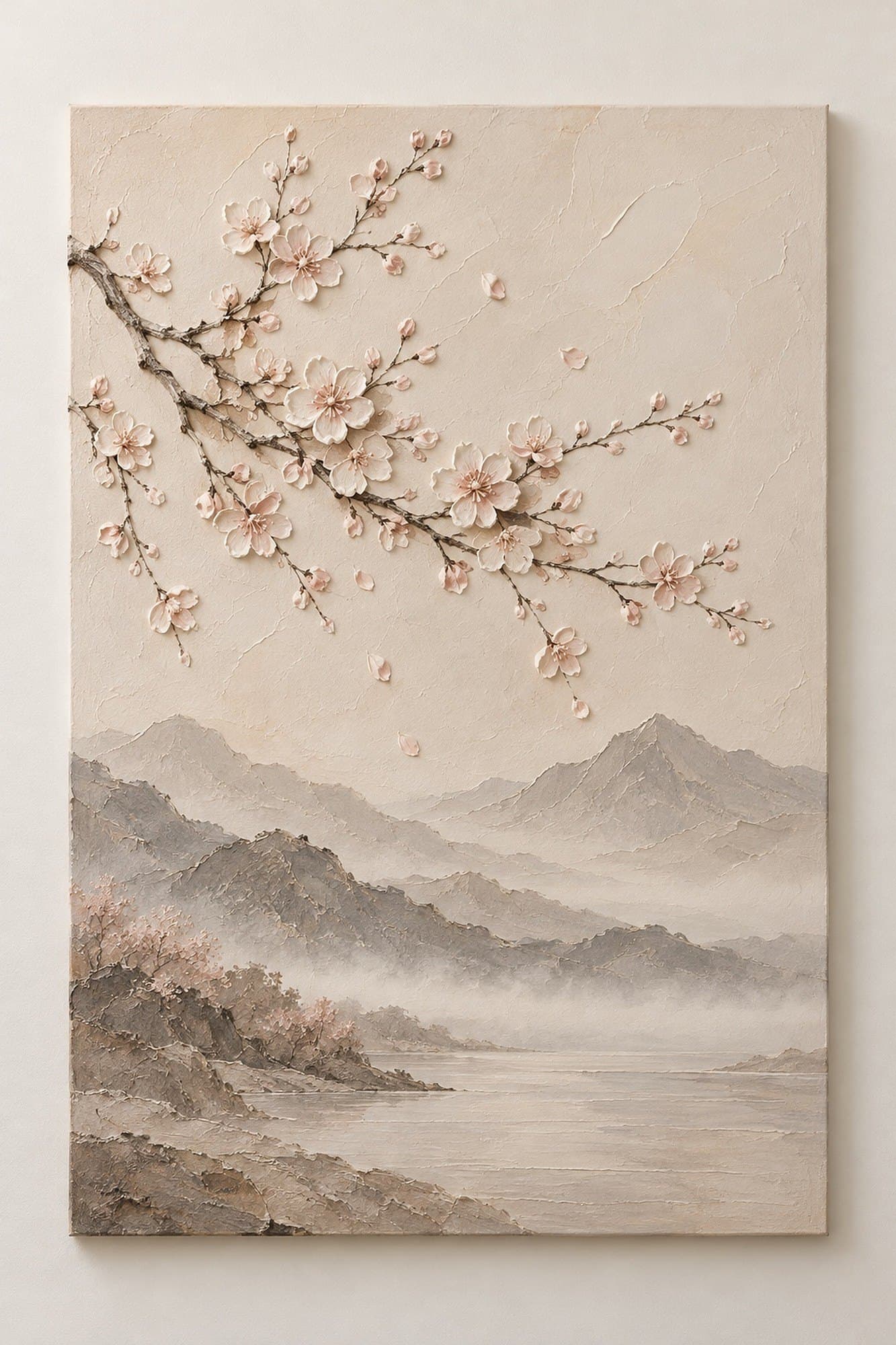 Concept render: Blossom Through Fog from the front, blossom branch mist landscape canvas