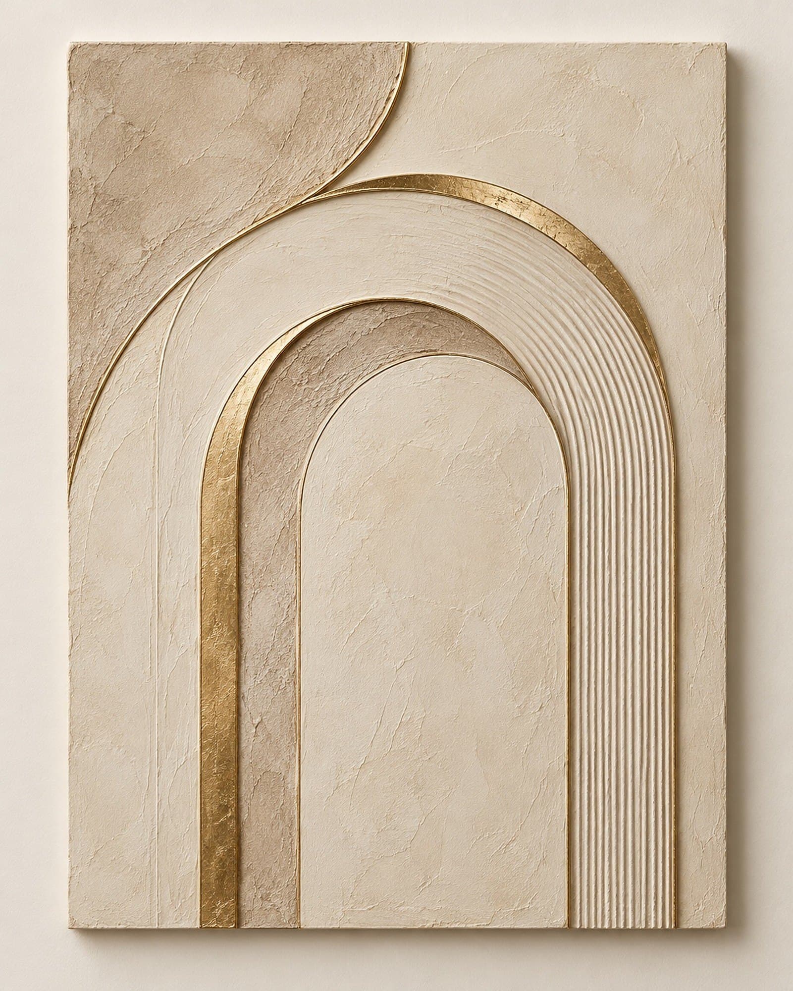 Concept render: Brass Arc from the front, ivory and brass-tone architectural relief wall art