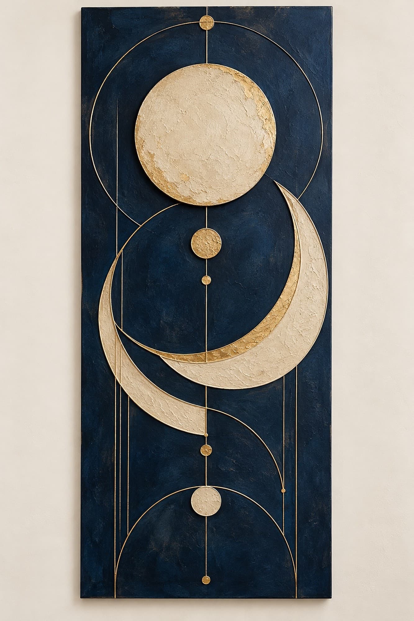 Concept render: Celestial Axis from the front, tall celestial sun-and-moon relief wall art