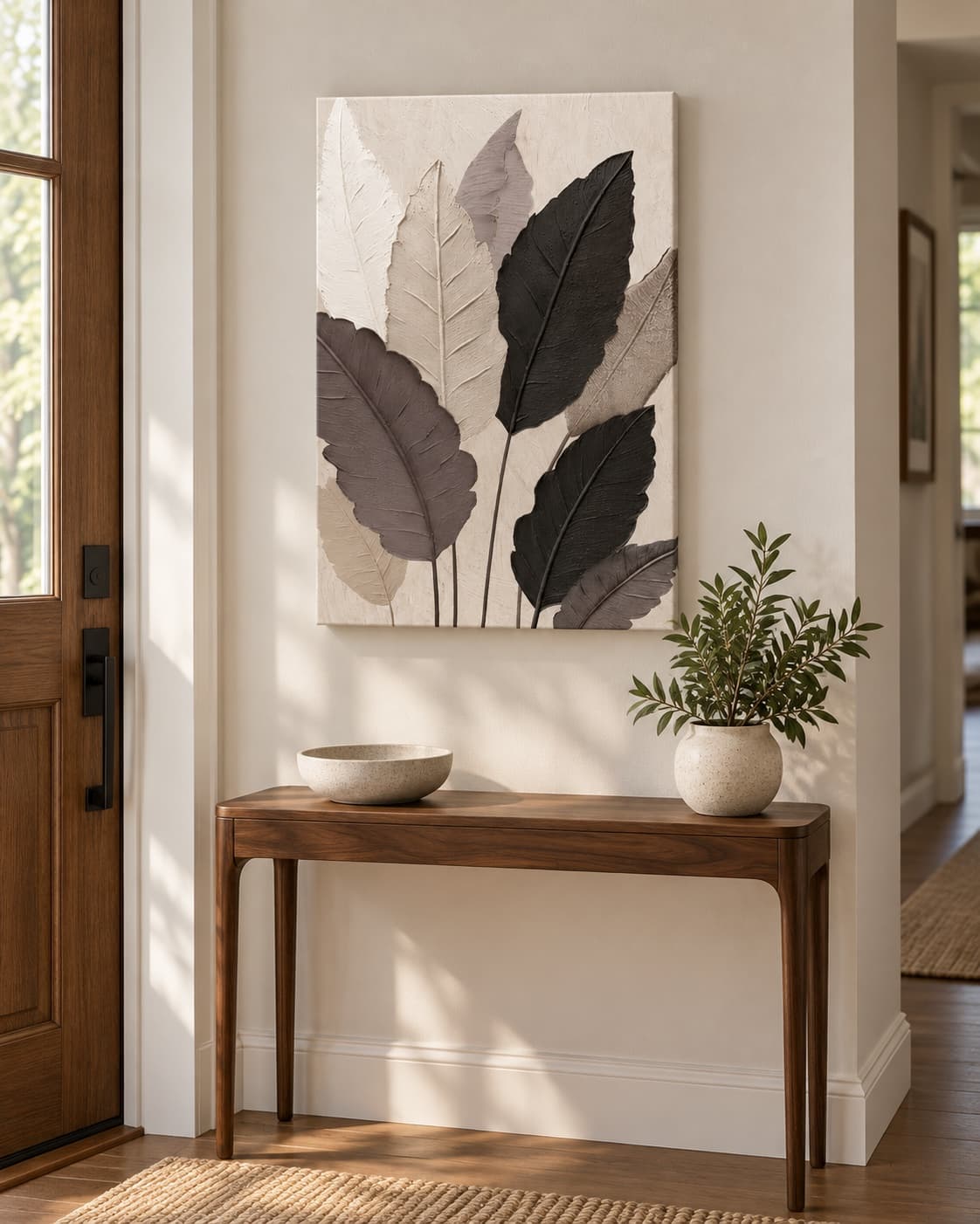 Room visualisation: Charcoal Leaves above a walnut console in a hallway beside the front door