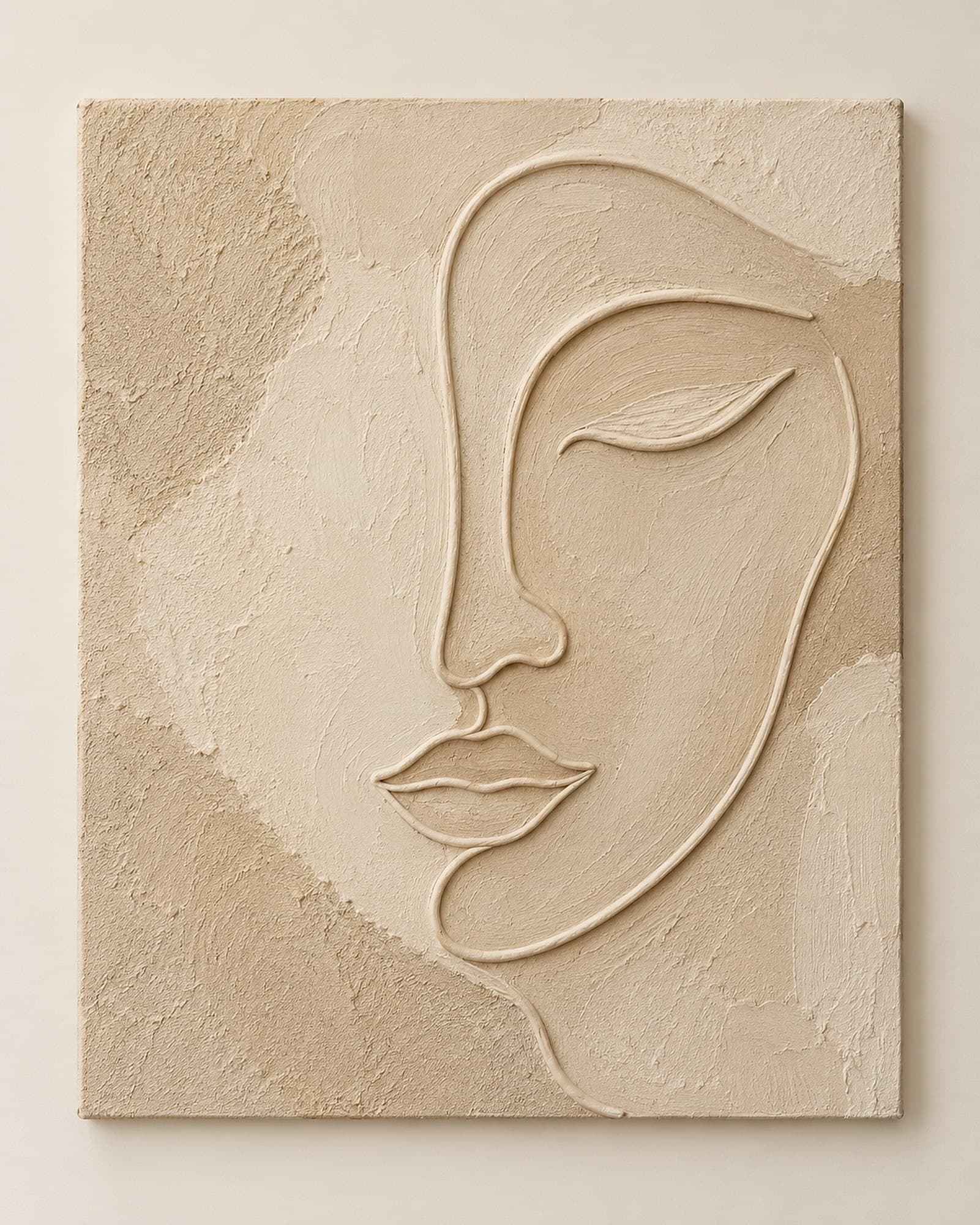 Concept render: Contour in Quiet from the front, minimal continuous face line wall art