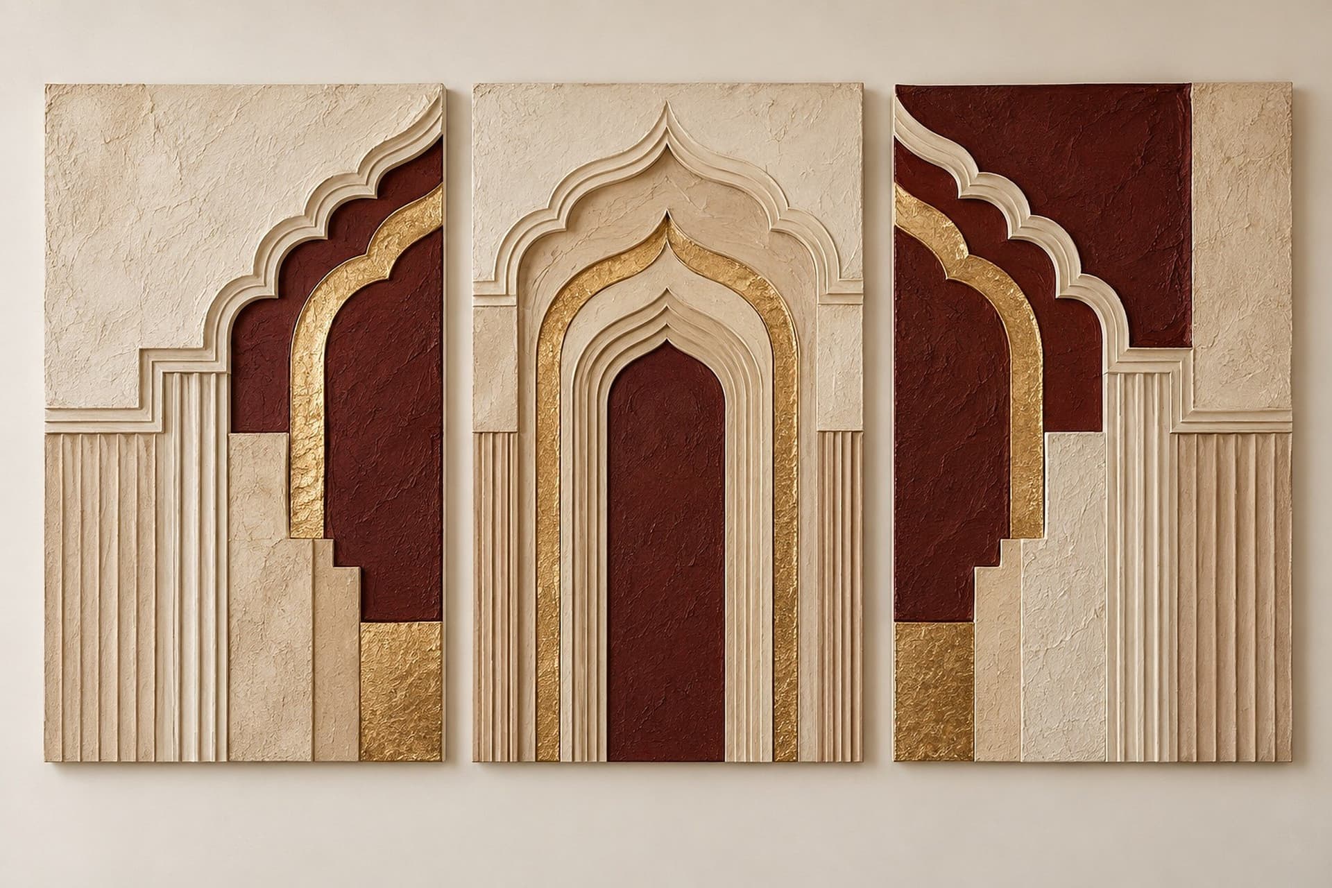 Concept render: Courtyard Rhythm from the front, three-panel courtyard arch relief wall art set
