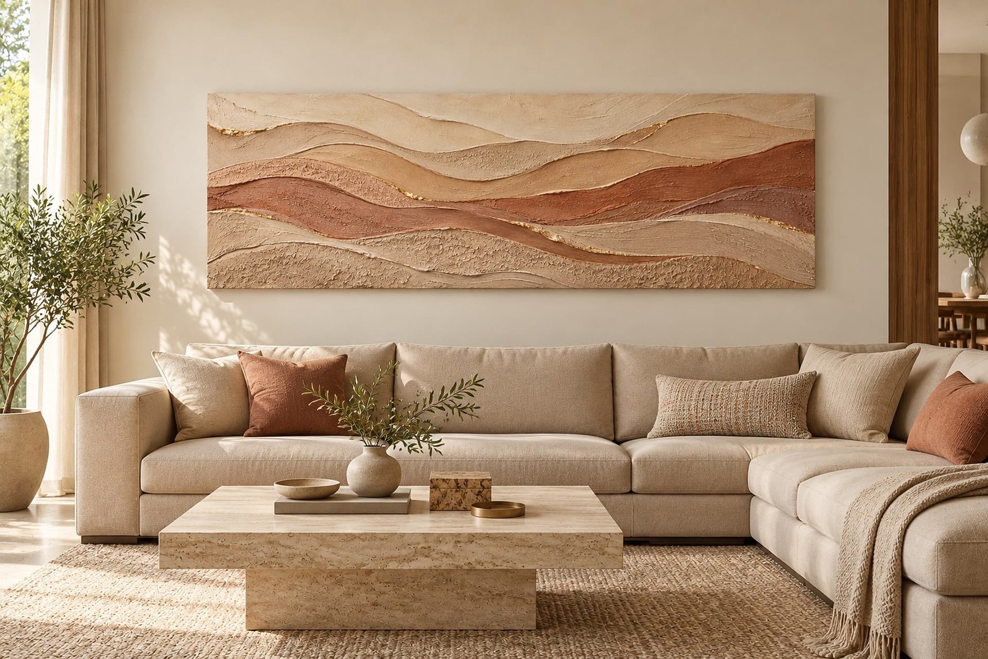 Room visualisation: concept render of Dune Meridian in a large living room above a sectional sofa