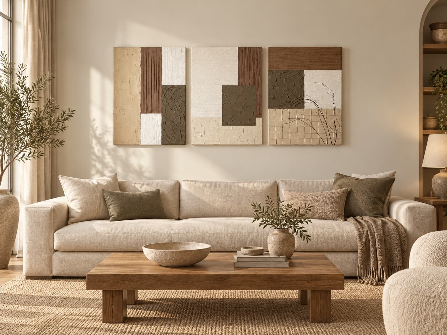 Room visualisation: Earthy Harmonies hung above a cream sofa in a living room