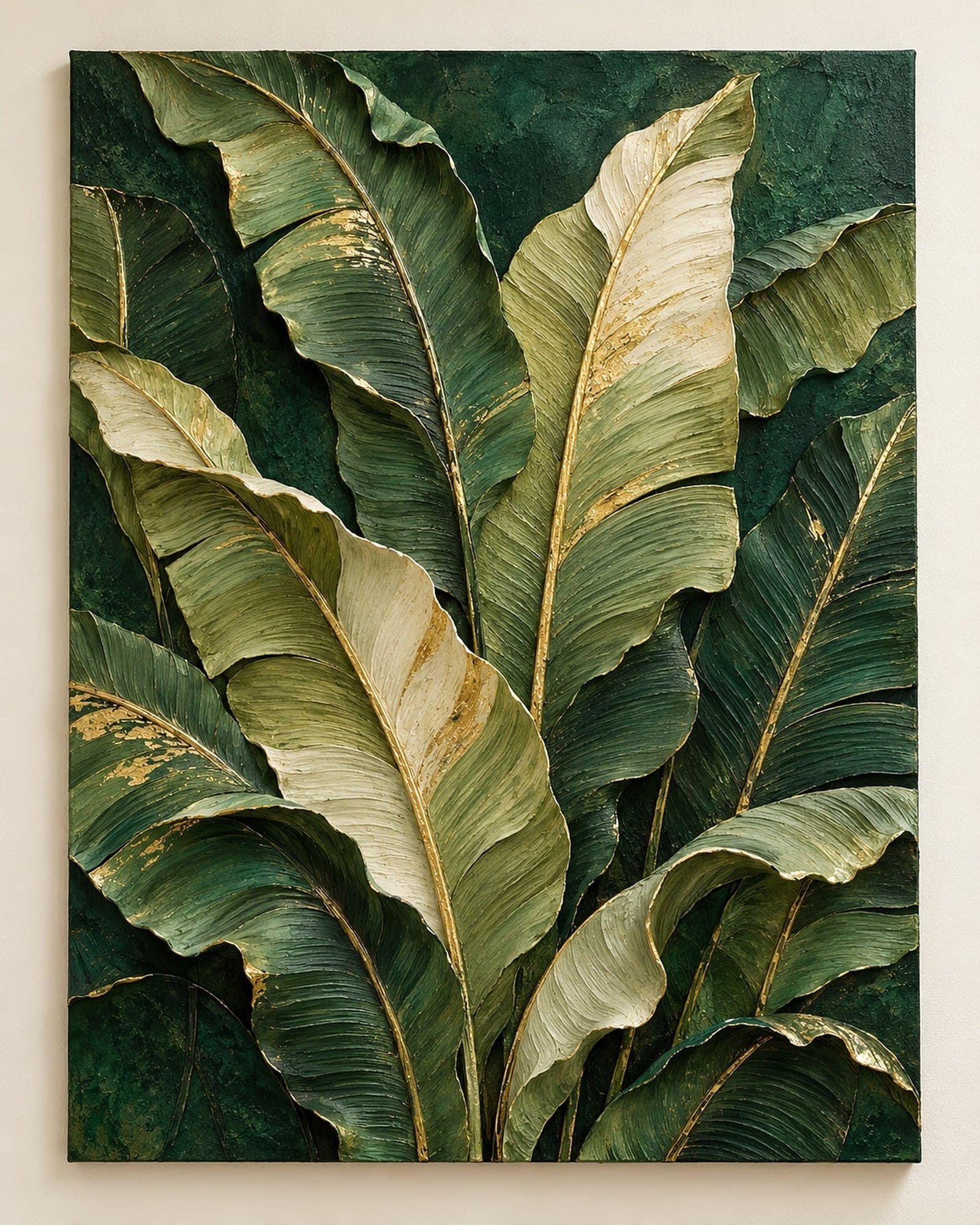 Concept render: Emerald Canopy from the front, emerald botanical relief wall art with gold details