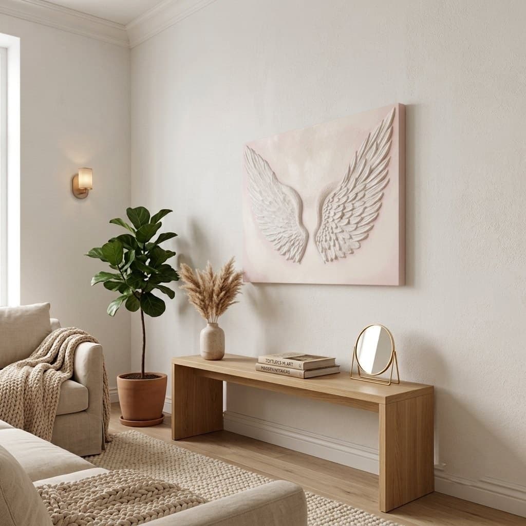 Room visualisation: Ethereal Wings above a wooden console in a living room