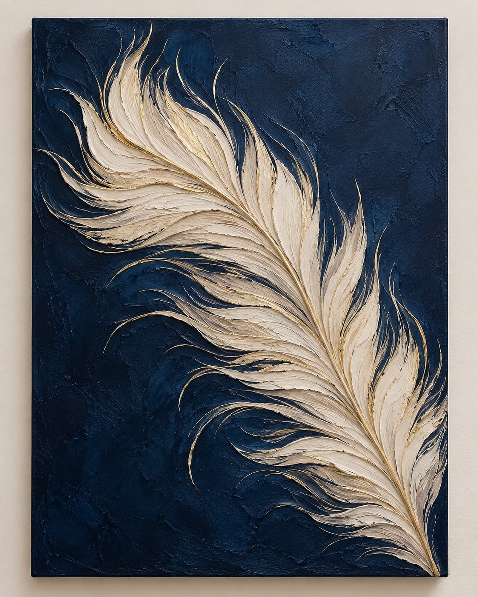Concept render: Indigo Feather Veil from the front, indigo and gold abstract feather relief canvas