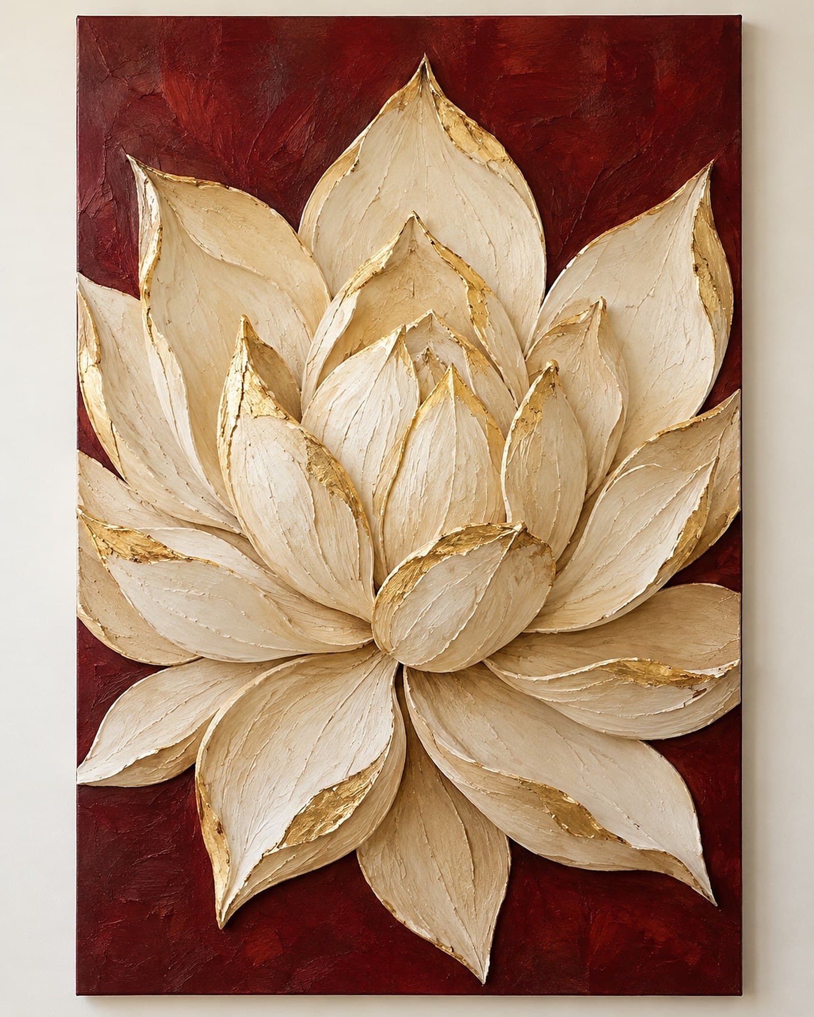 Concept render: Lotus Meridian from the front, large lotus relief wall art in maroon and gold