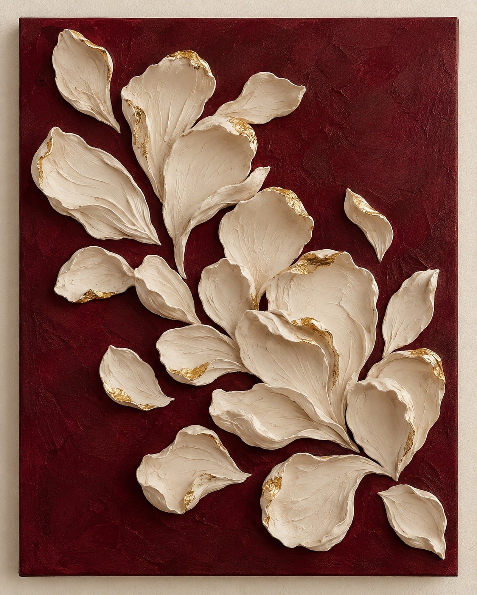 Concept render: Maroon Petal Study from the front, maroon and ivory sculptural petal relief canvas
