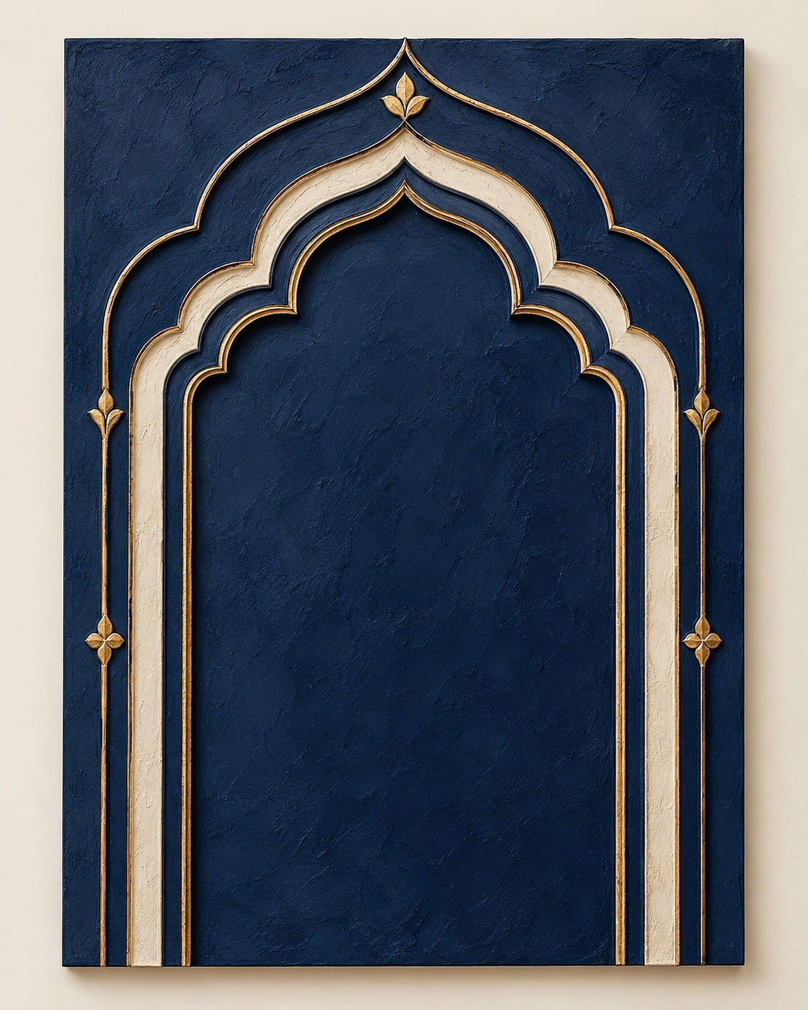 Concept render: Midnight Arch from the front, midnight-blue window-arch relief wall art