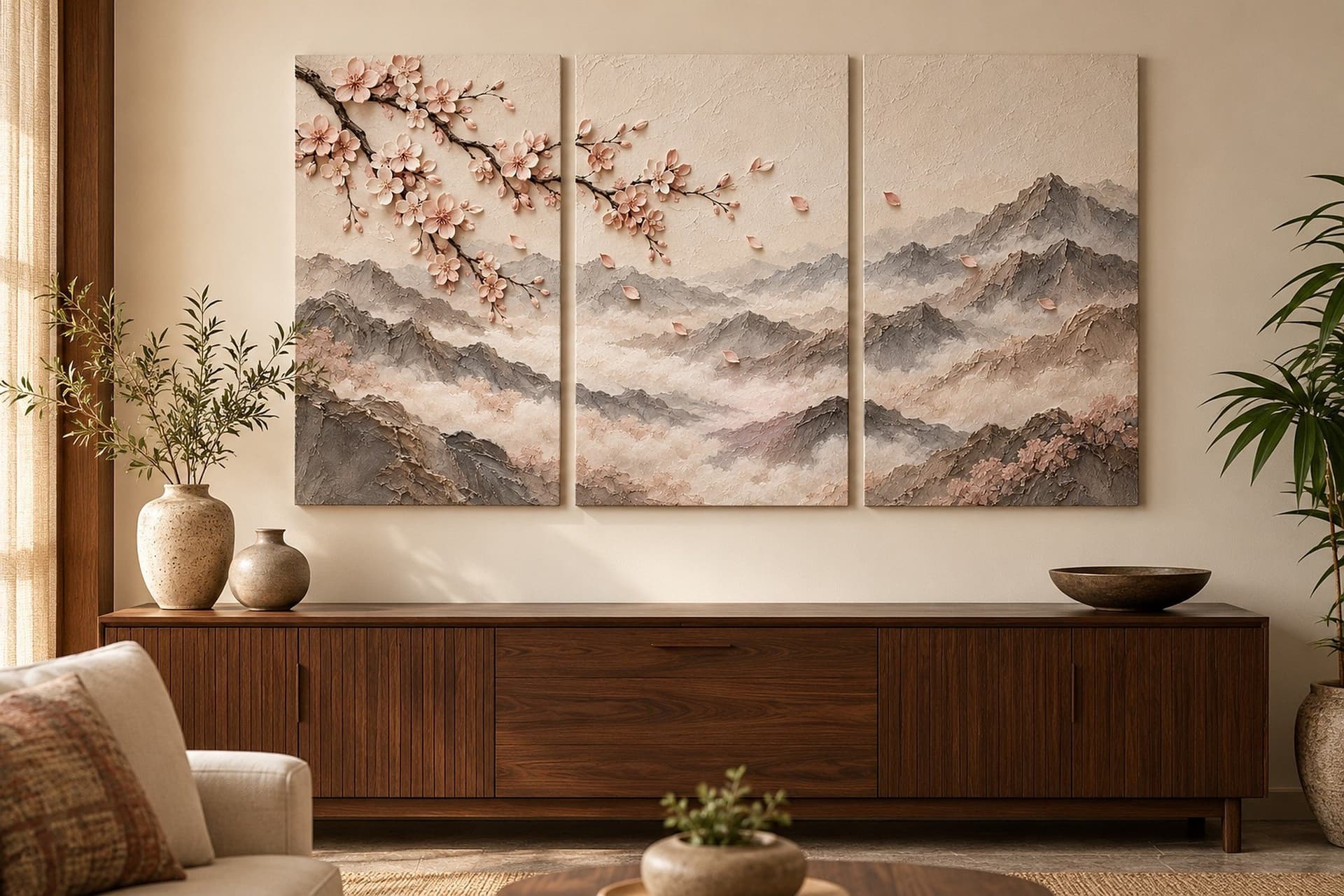 Room visualisation: concept render of Mountain Haze Triptych in a dining room above a sideboard