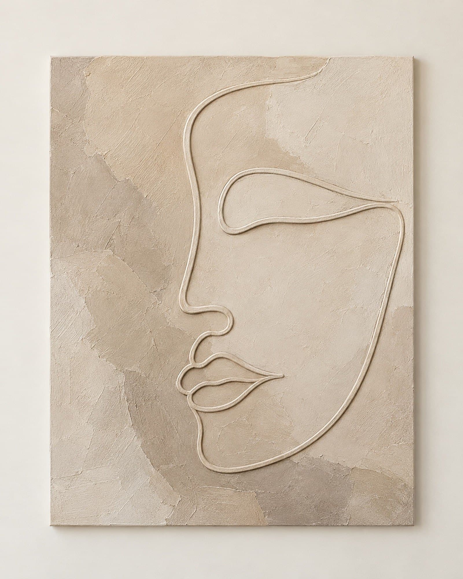 Concept render: One Line, One Face from the front, continuous line face textured canvas art
