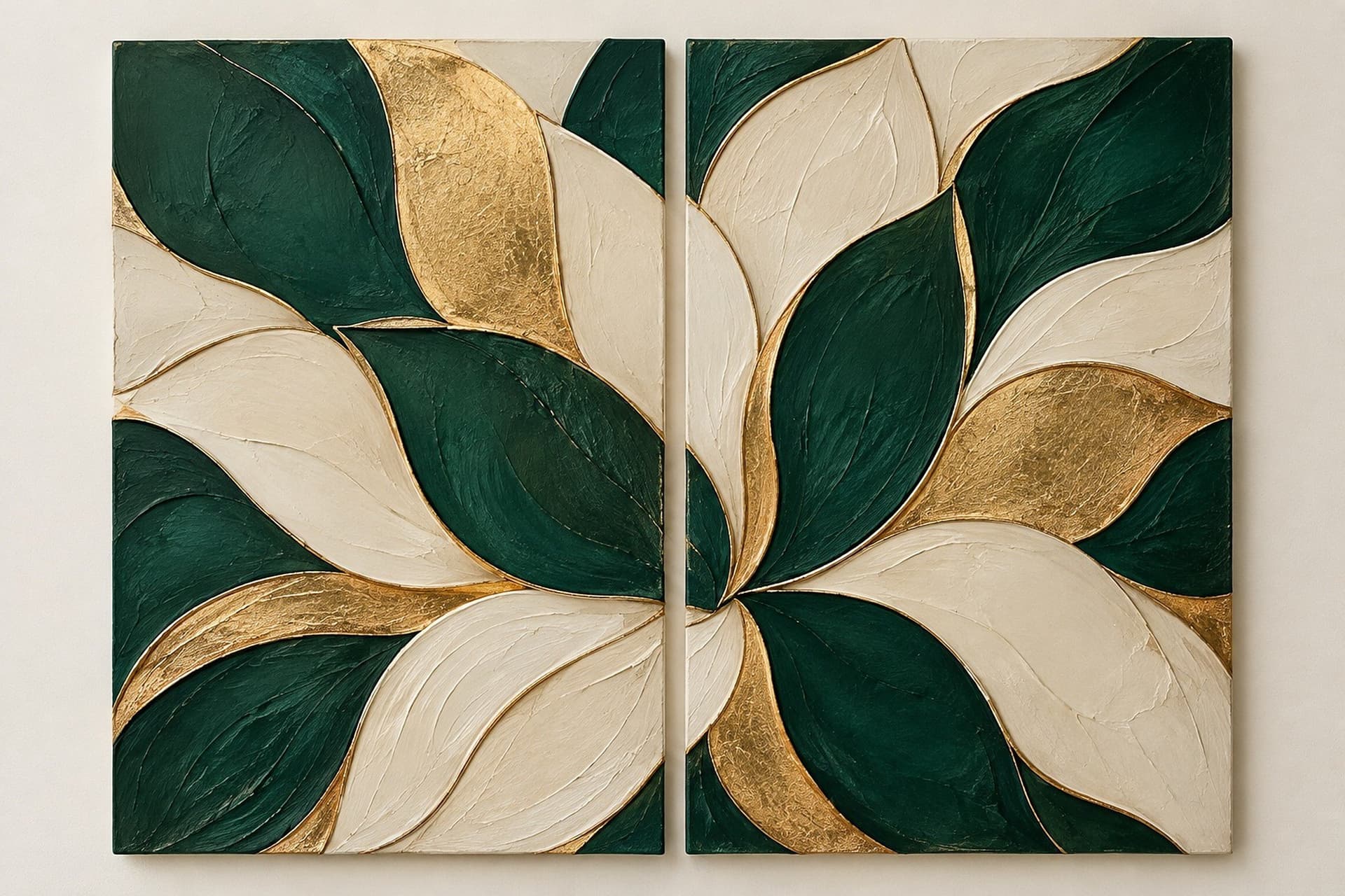 Concept render: Petal Geometry from the front, emerald and gold two-panel petal relief set