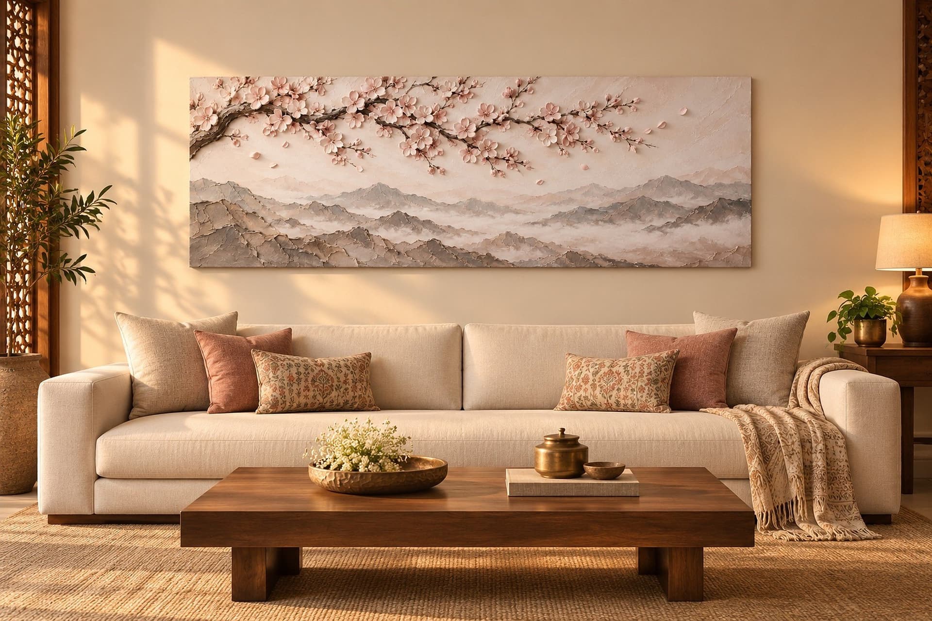 Room visualisation: concept render of Petals Over Peaks in a living room above a long sofa