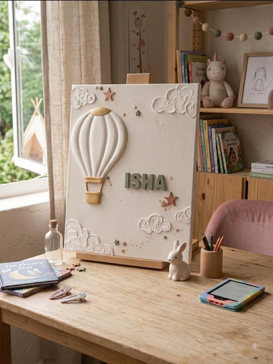 Room visualisation: the balloon name plaque on a child's desk