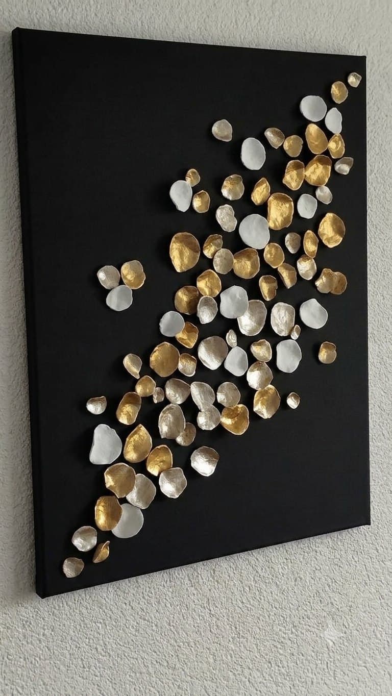 Relief Petals from the side, showing the gold and white petals standing off the black canvas
