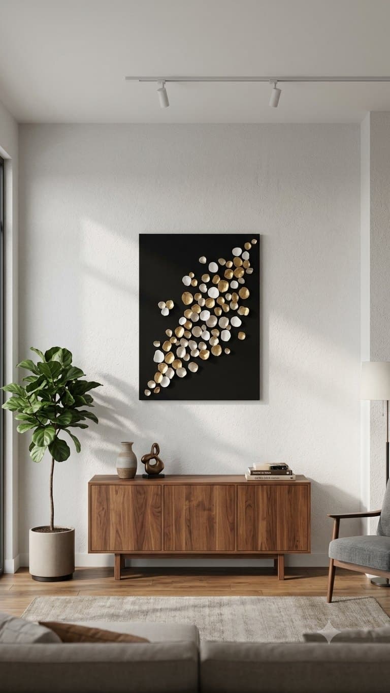 Room visualisation: Relief Petals hung above a wooden sideboard in a light living room