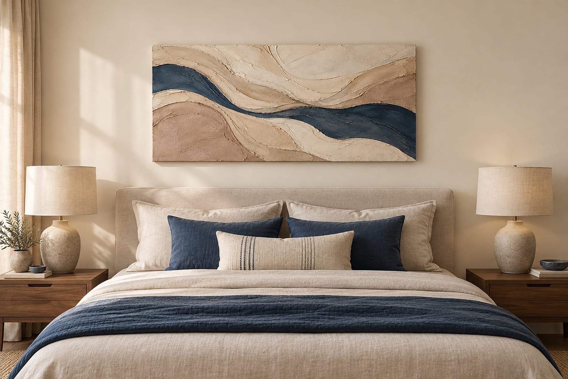 Room visualisation: concept render of Quiet Current in a bedroom above a bed