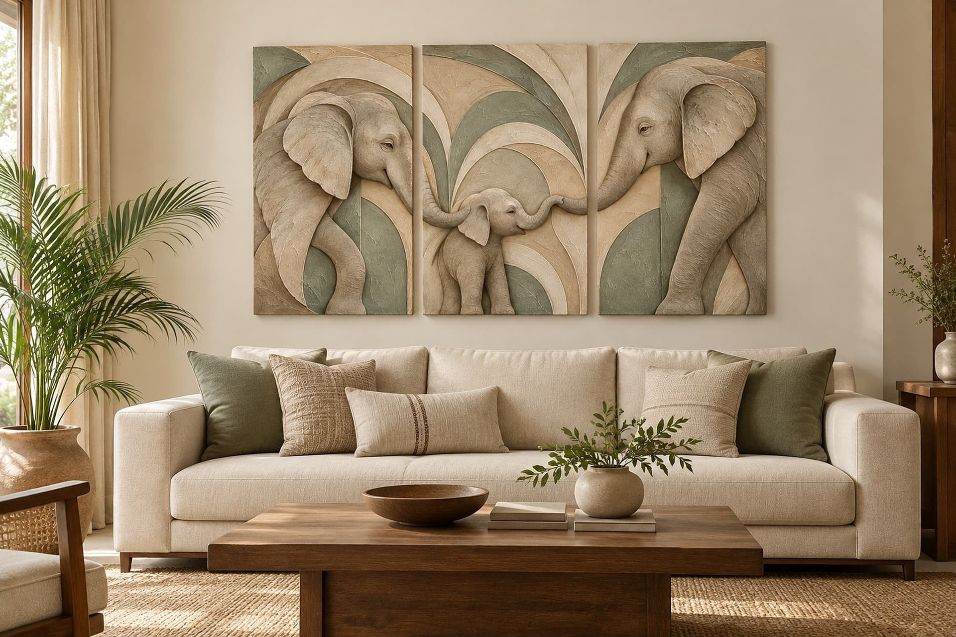 Room visualisation: concept render of Quiet Herd in a living room above a sofa