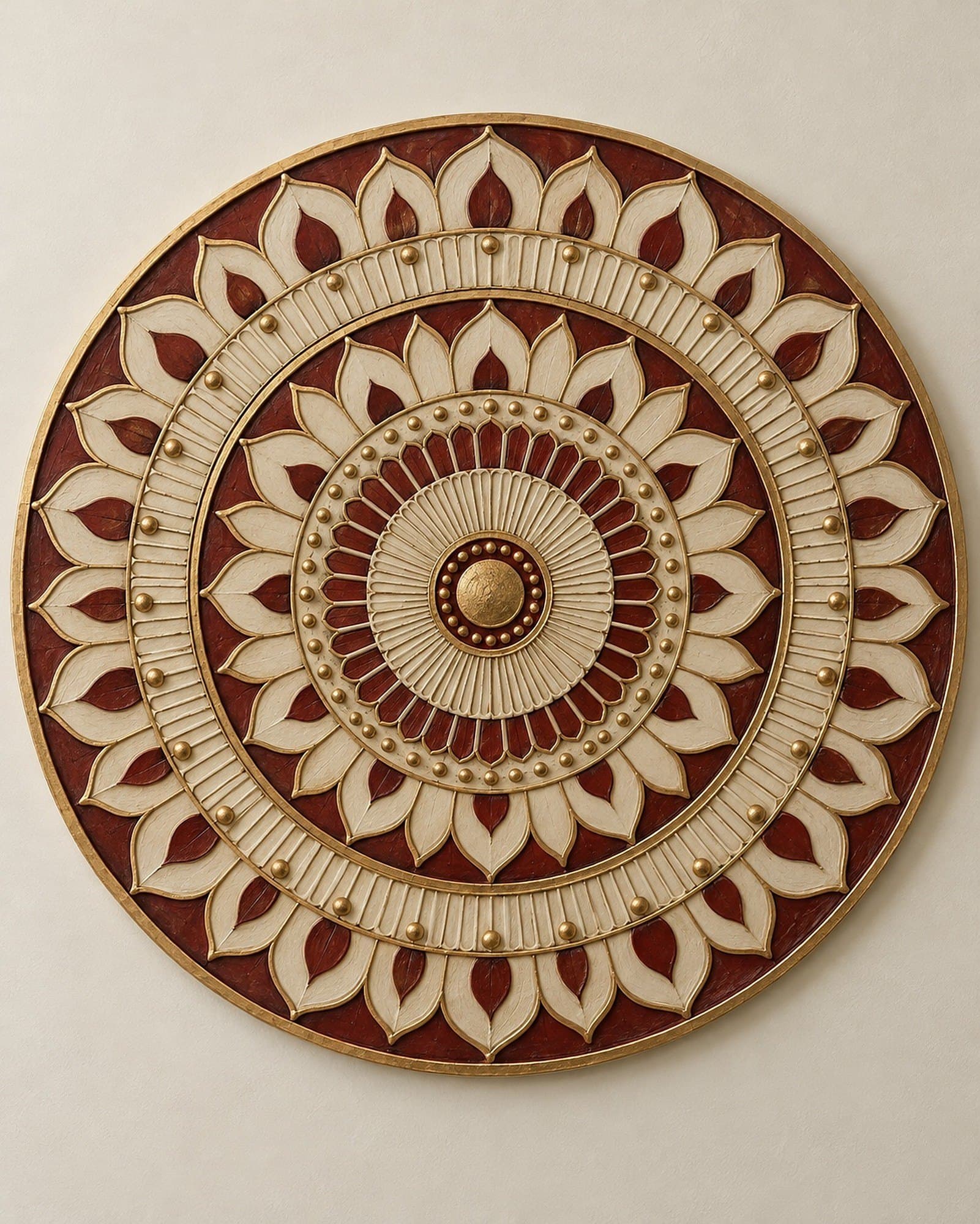 Concept render: Radiant Axis from the front, large round geometric relief in ivory, maroon and gold