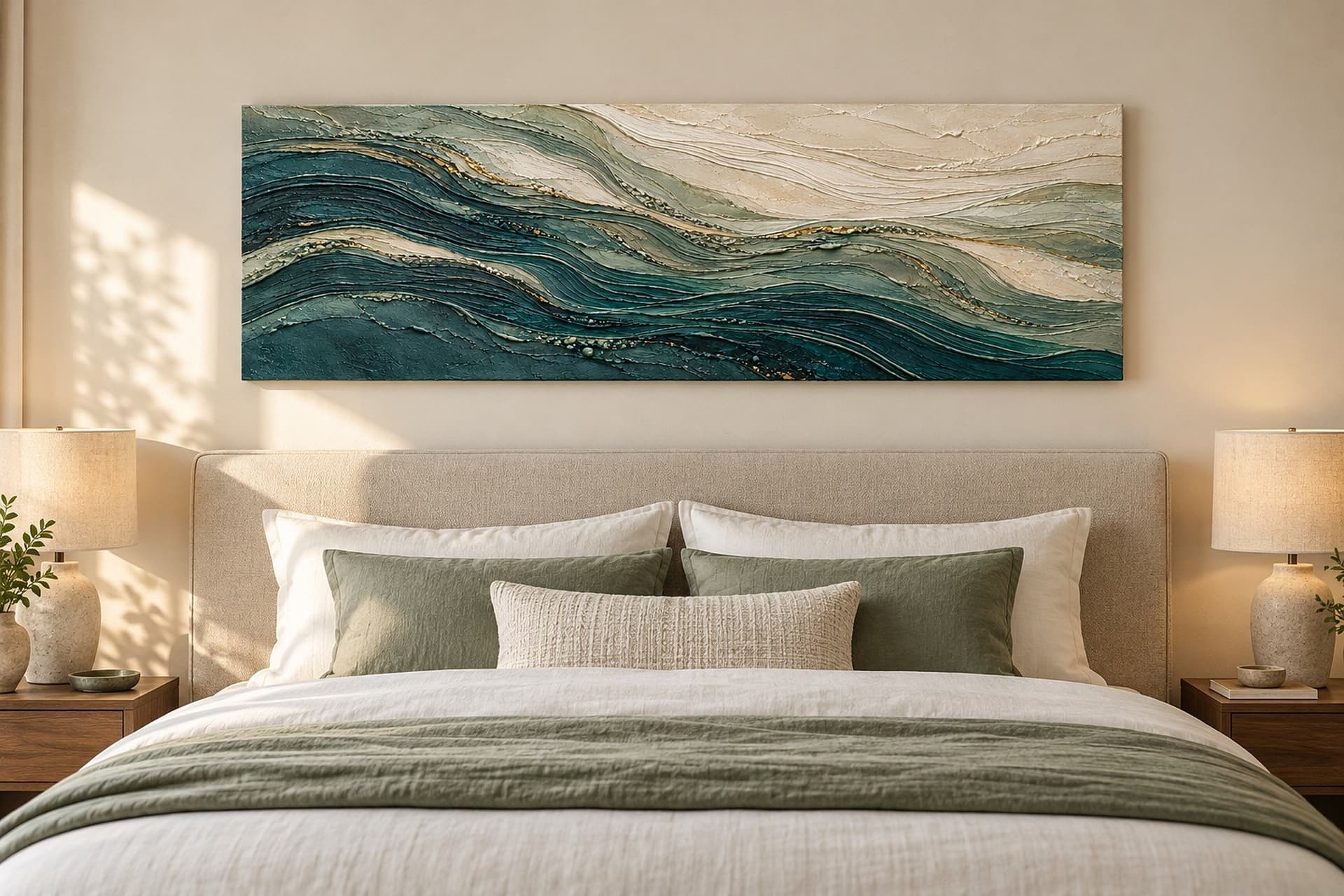 Room visualisation: concept render of Rainline Horizon in a bedroom above a wide upholstered bed