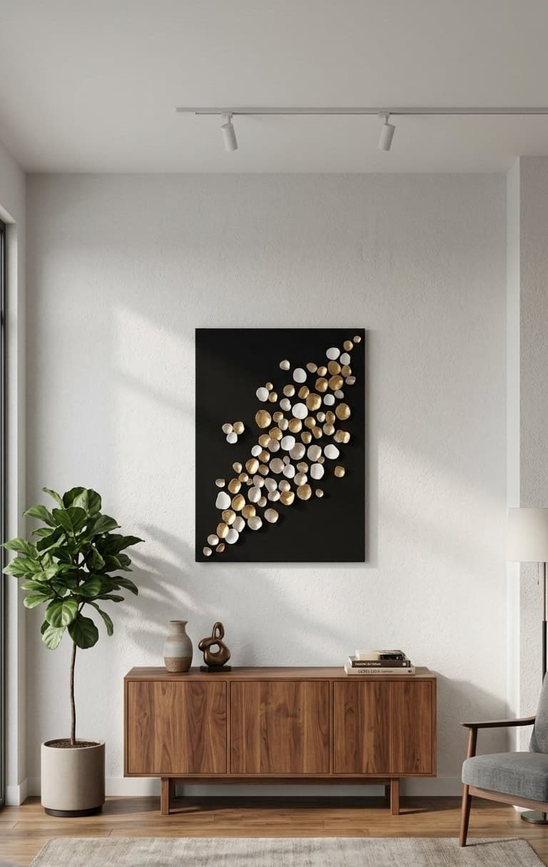 Room visualisation: Relief Petals hung above a wooden sideboard in a light living room