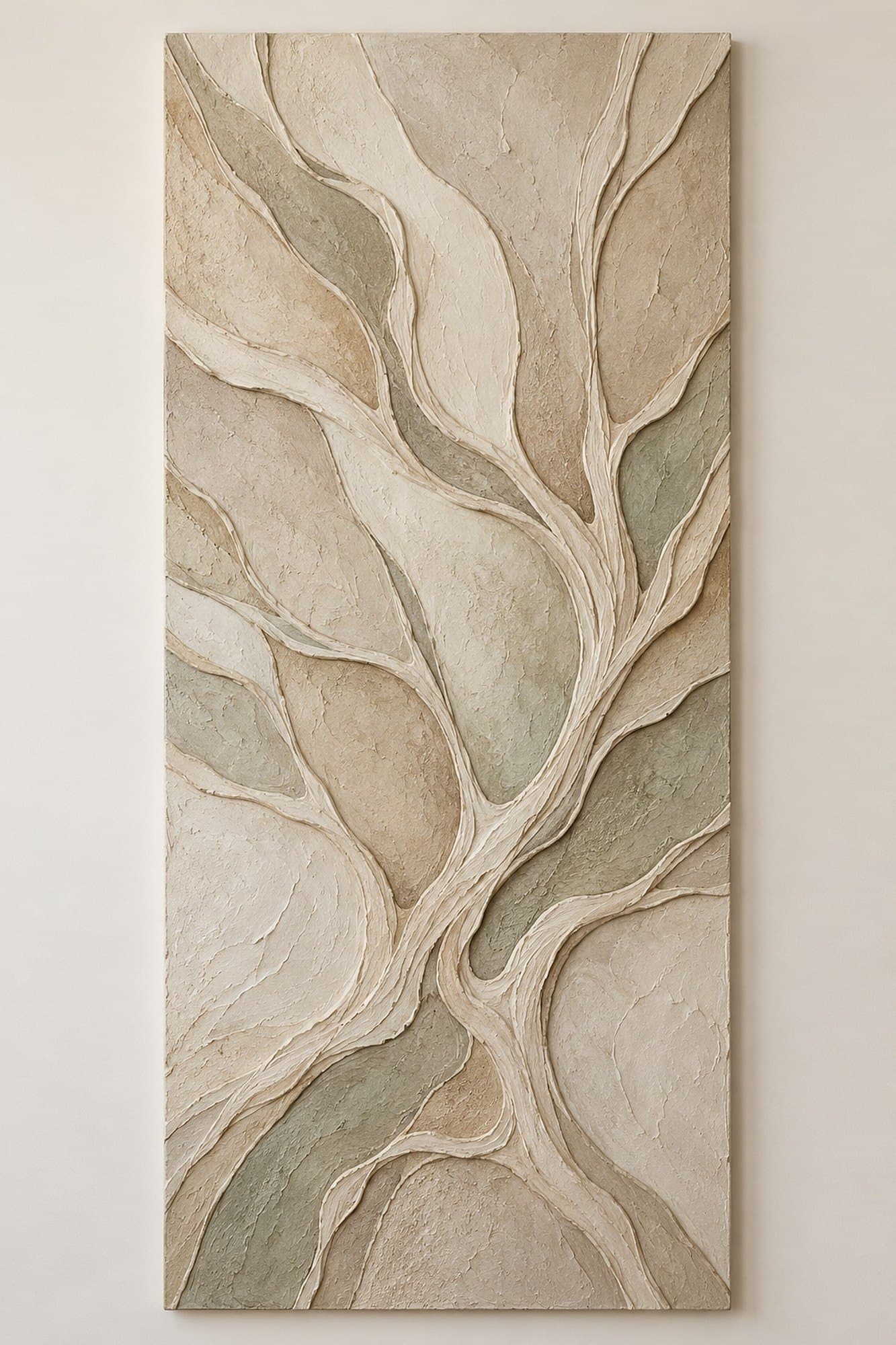 Concept render: Rooted Horizon from the front, tall branching relief in ivory, taupe and sage