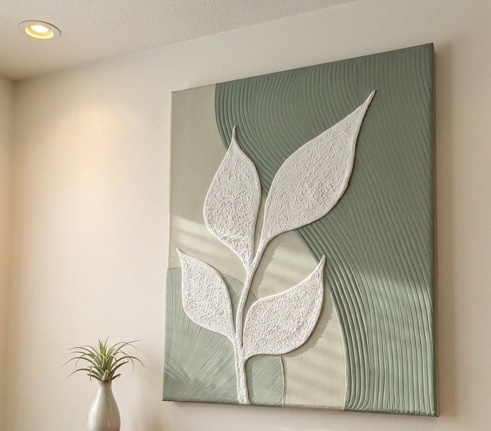 Sage Leaf: a white textured leafy branch on sage green and cream panels, above a shelf