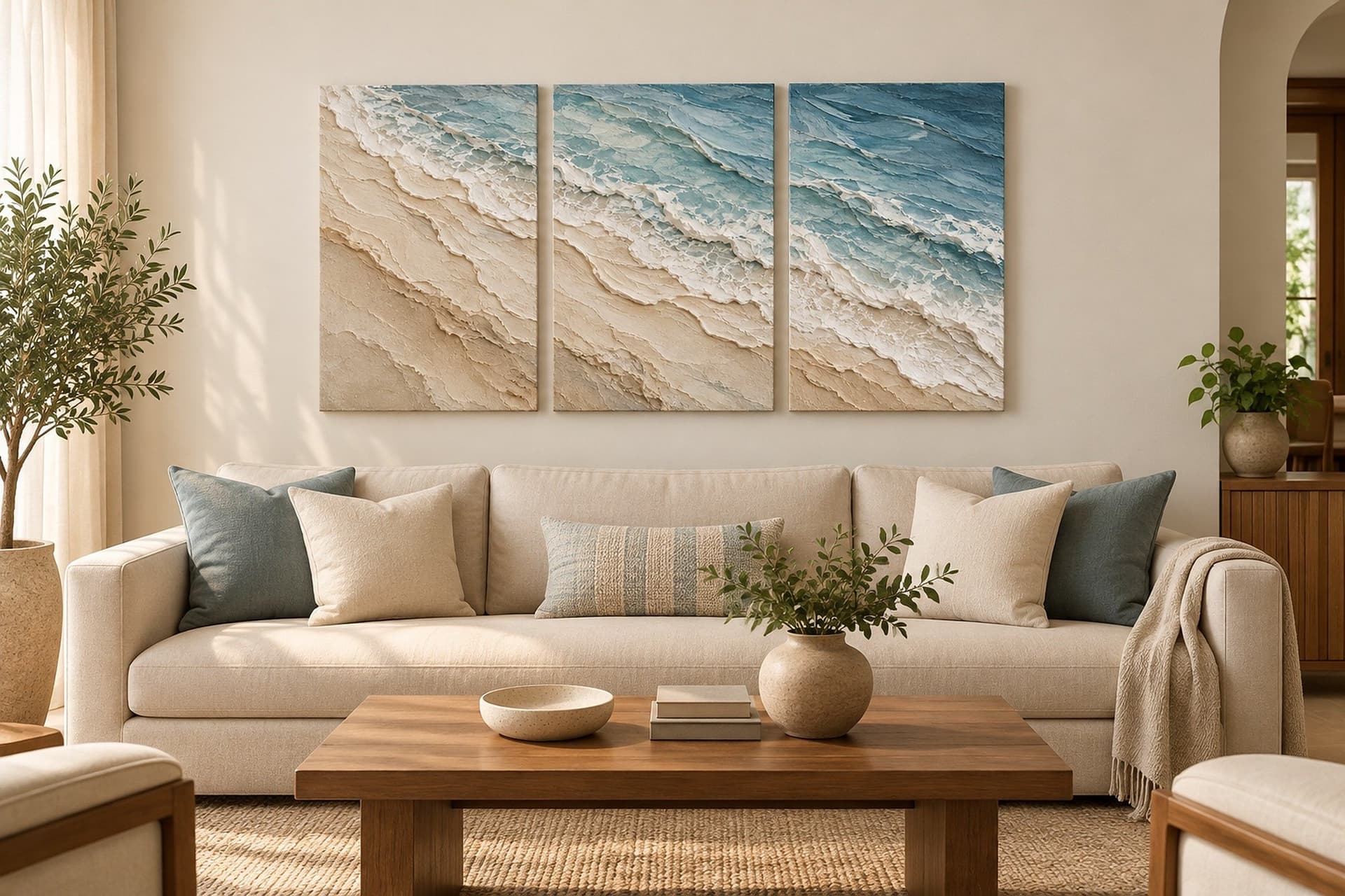 Room visualisation: concept render of Shoreline in Three in a living room above a sofa