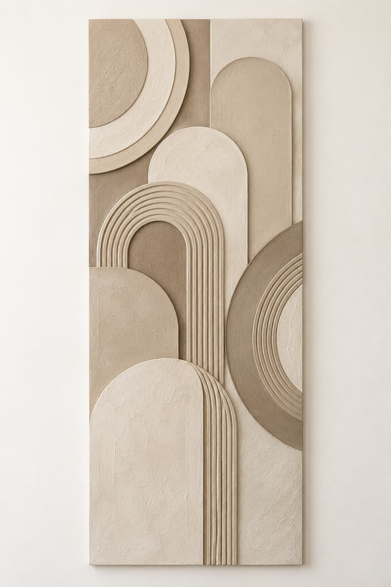 Concept render: Stacked Rings from the front, tall neutral arch and ring relief panel