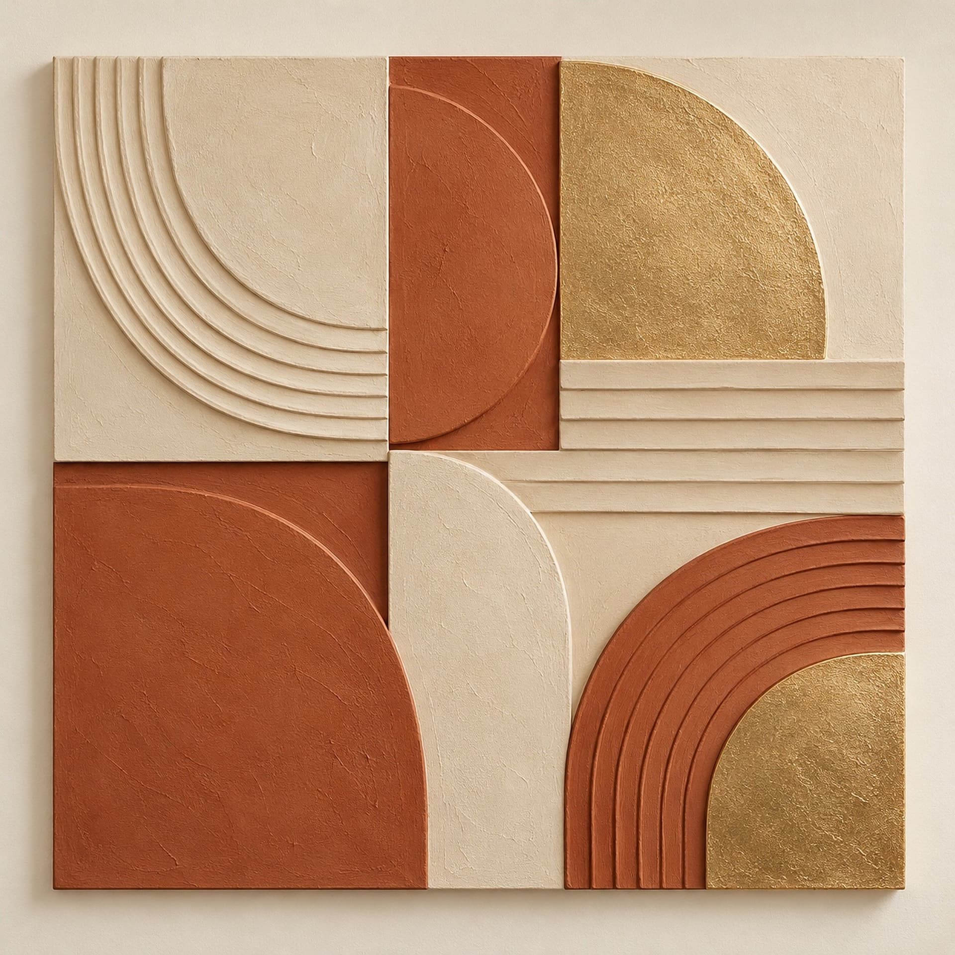 Concept render: Sunlit Geometry from the front, terracotta and ivory geometric relief wall art