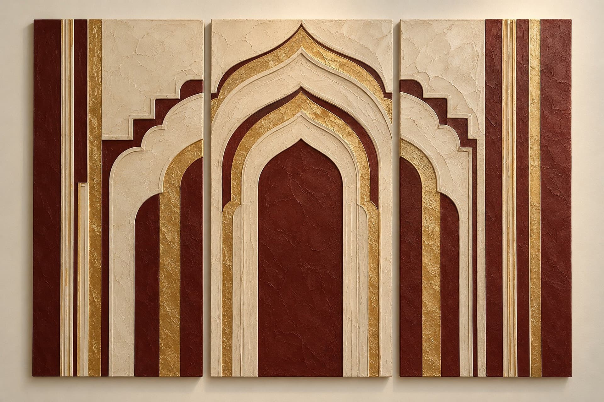 Concept render: The Courtyard of Light from the front, three-panel Indian architectural relief wall art
