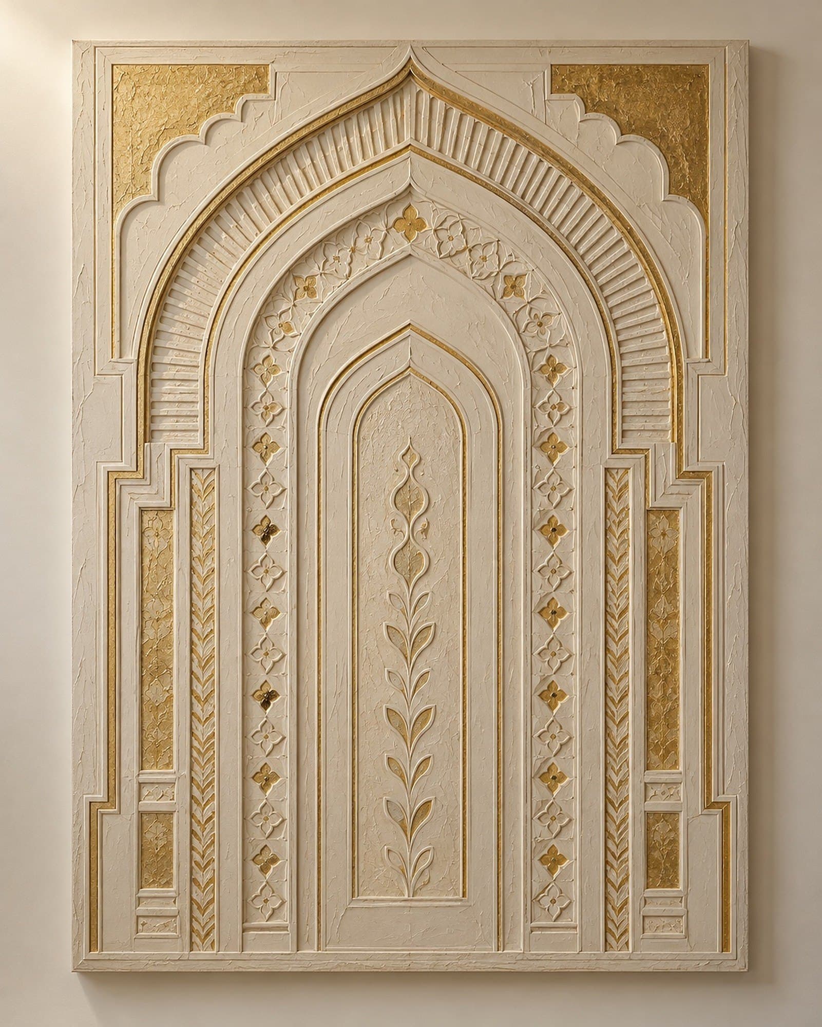 Concept render: The Gilded Threshold from the front, large gold-leaf architectural relief for a living room