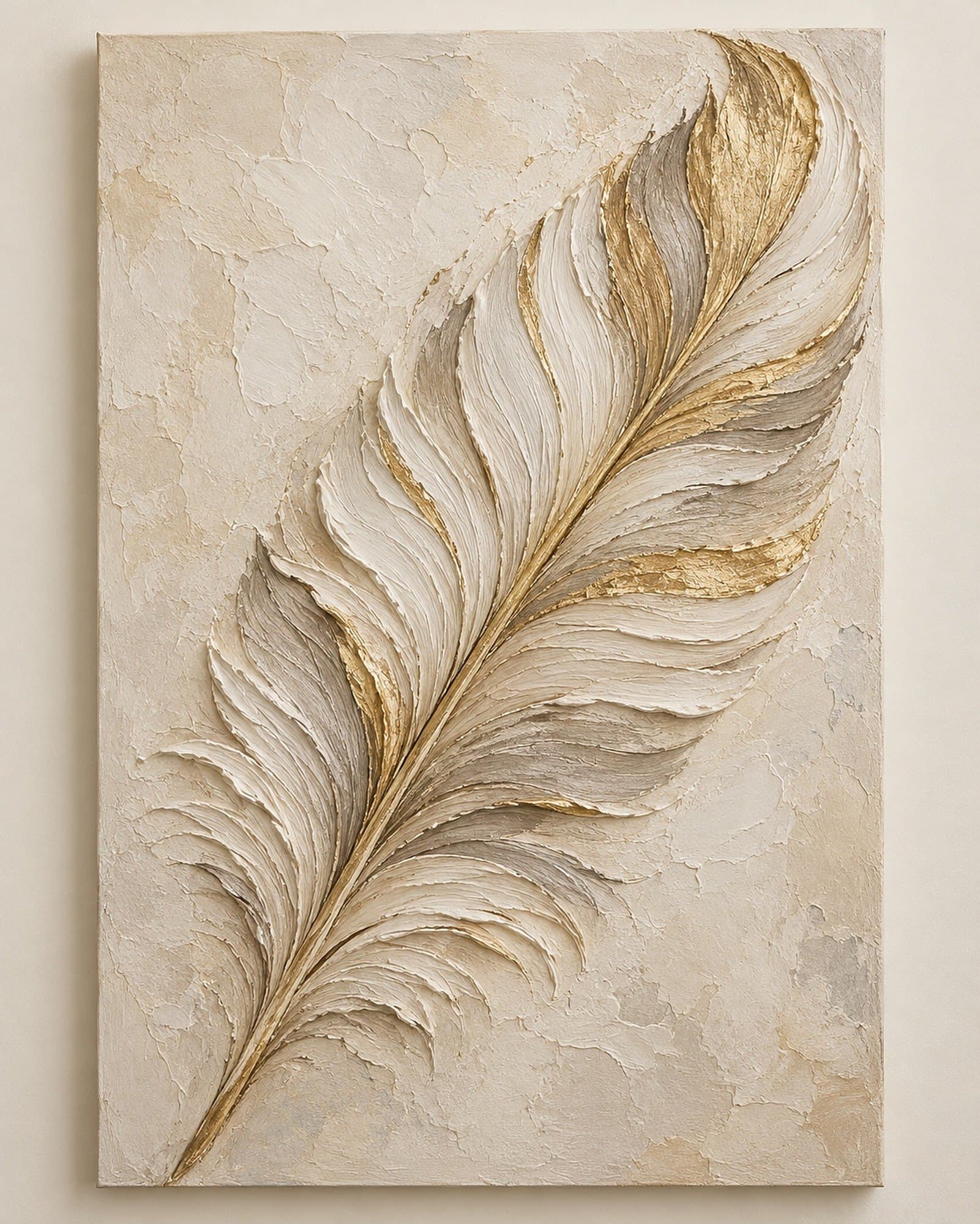 Concept render: The Golden Feather from the front, ivory and gold sculptural feather wall art