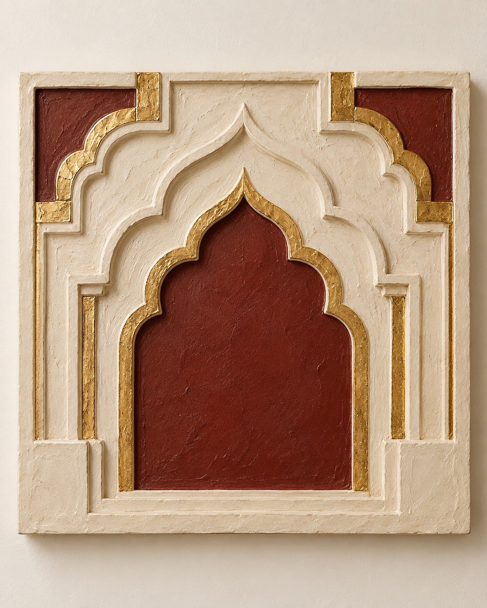 Concept render: The Golden Threshold Tile from the front, Indian threshold-inspired gold leaf relief panel