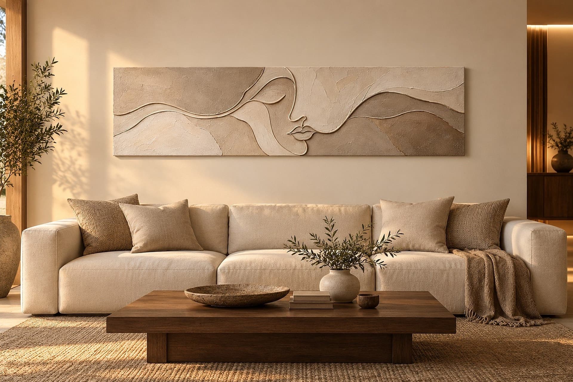 Room visualisation: concept render of The Line Between in a living room above a long sofa