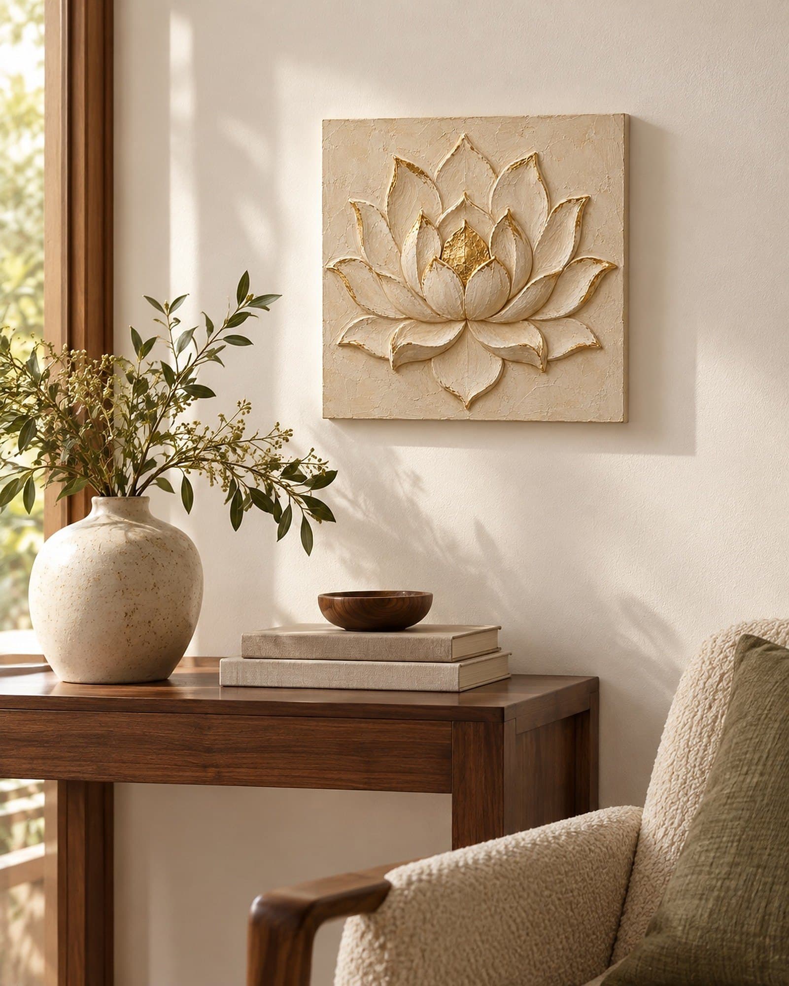 Room visualisation: concept render of The Lotus Seal in a reading nook above a small console