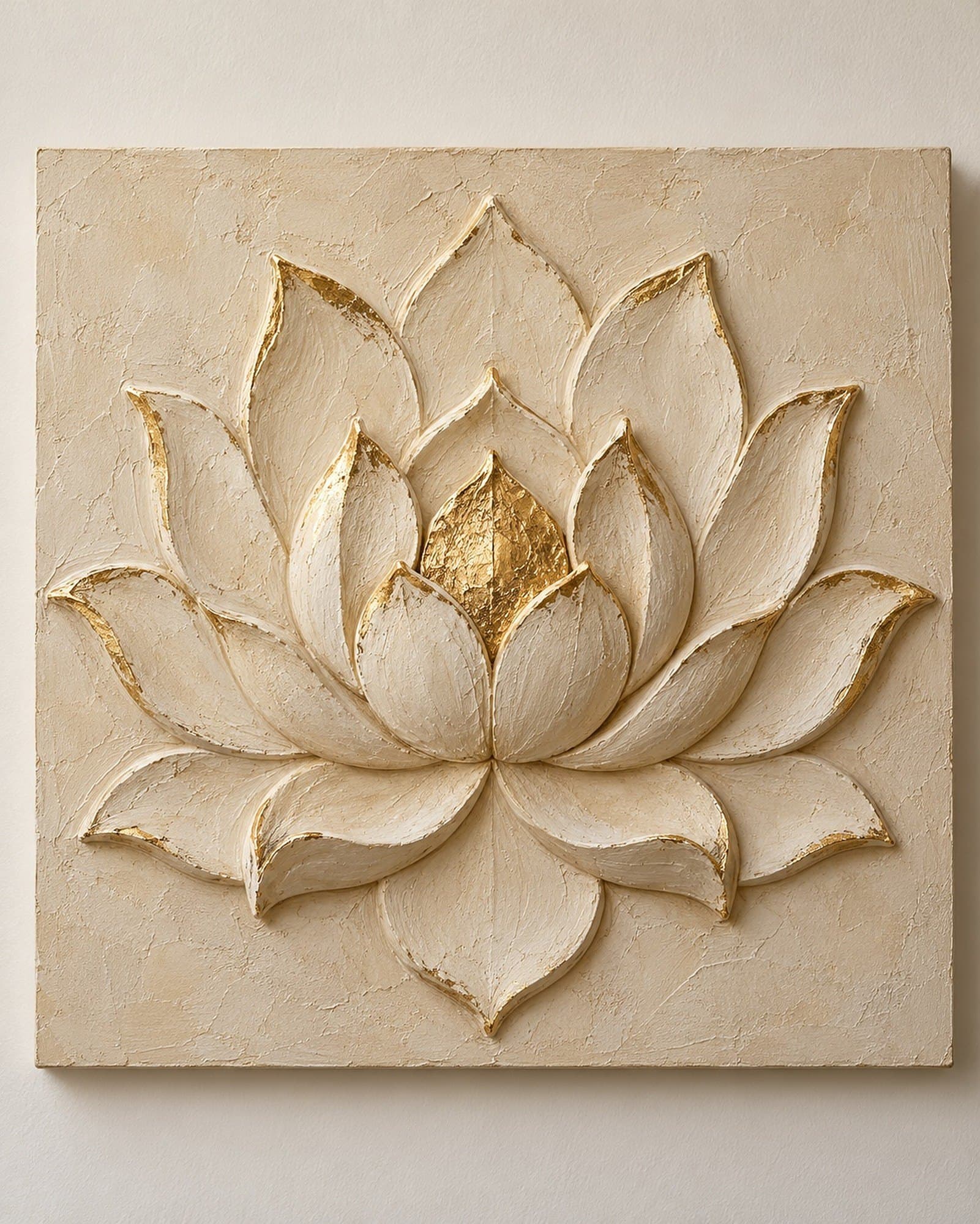 Concept render: The Lotus Seal from the front, small ivory lotus relief wall art with gold accents