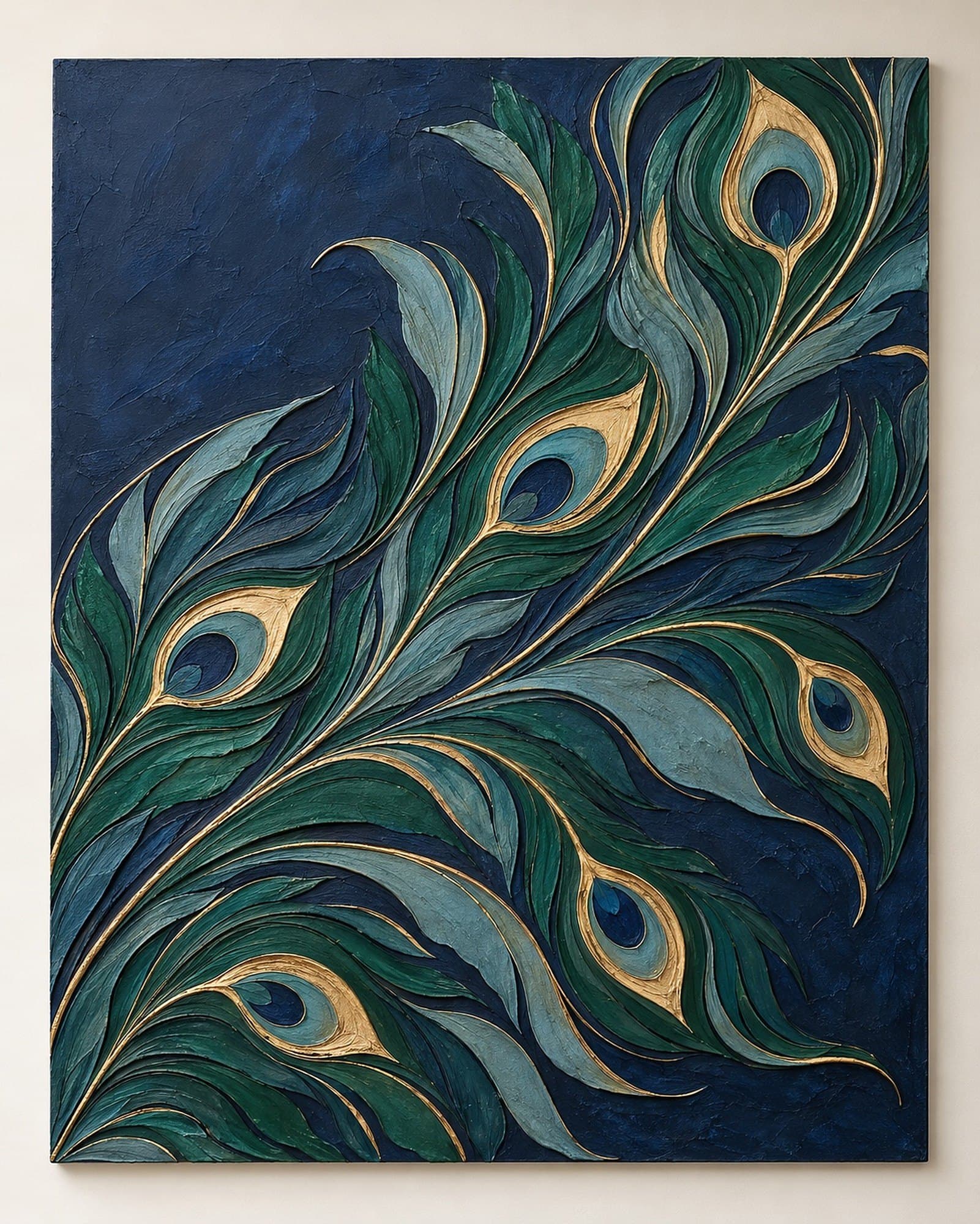 Concept render: The Peacock Constellation from the front, large peacock-feather relief in midnight blue and gold