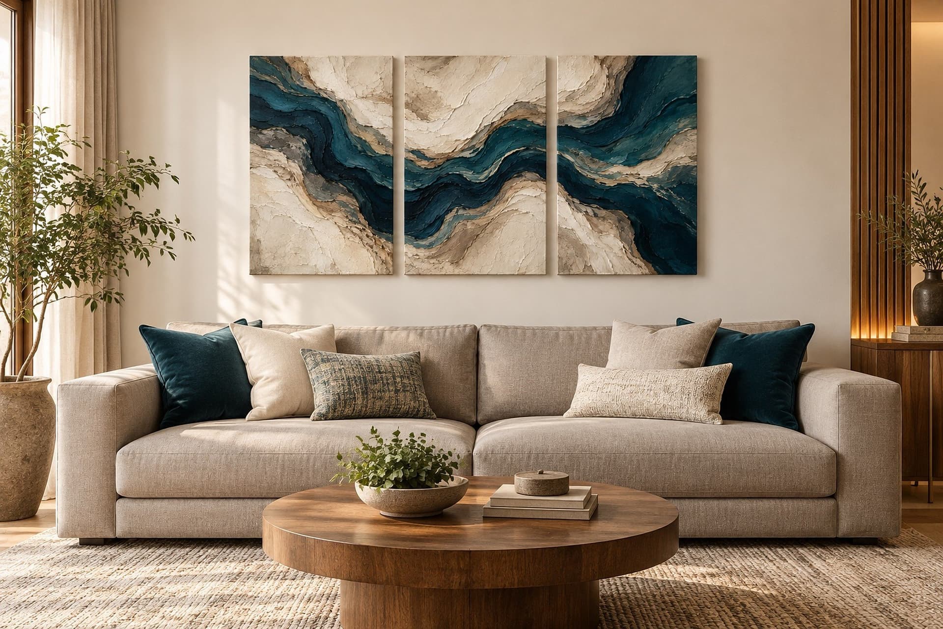 Room visualisation: concept render of The River Fold in a living room above a sofa