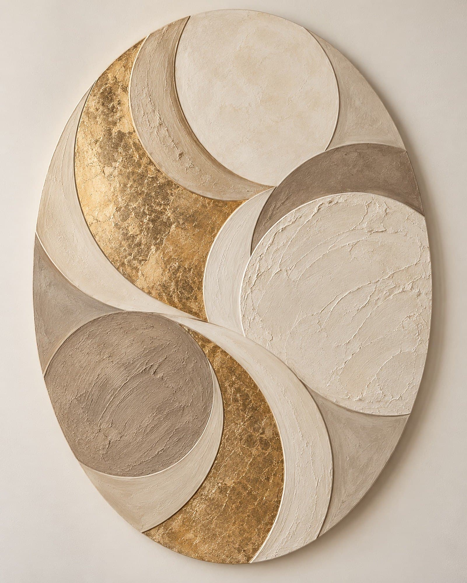 Concept render: The Soft Eclipse from the front, oval ivory sculptural relief with champagne details